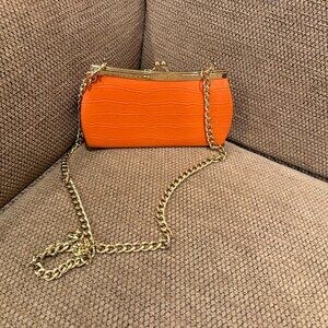 Orange Croc-Embossed Clutch with Gold Chain | Kiss Lock | Evening Bag